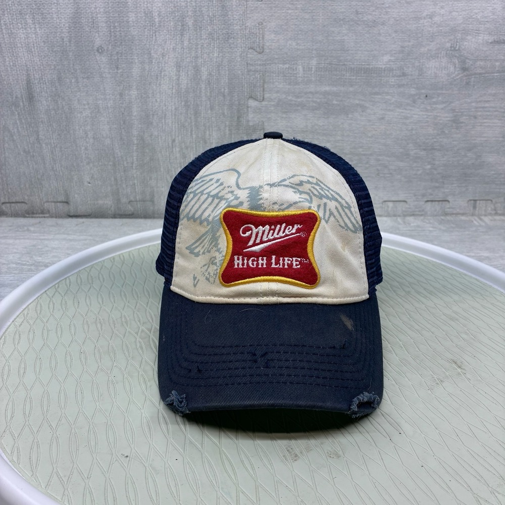 Vintage Miller High Life Hat Mens Navy Blue Mesh Back Distressed Trucker Cap